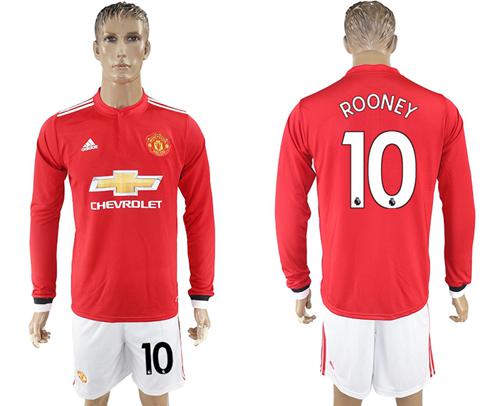 Manchester United #10 Rooney Red Home Long Sleeves Soccer Club Jersey - Click Image to Close